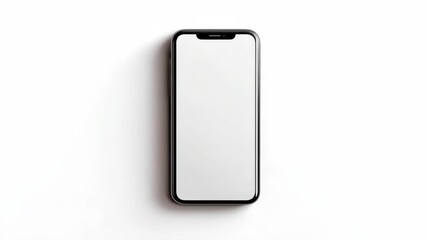 Sleek black smartphone with empty screen placed on white surface, photographed from above, representing technology or app mockup concept