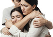 © People Stock - Three people embracing tightly two women crying one man comforting them with a hug Sadness Grief Support Empathy Embrace Woman Emotion Sad Upset Tears