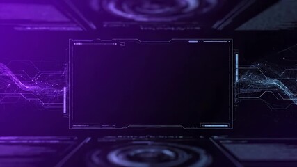 Digital screens display a futuristic interface in a data control room where digital technology and digital connections are highlighted. Purple neon lights accentuate the digital se