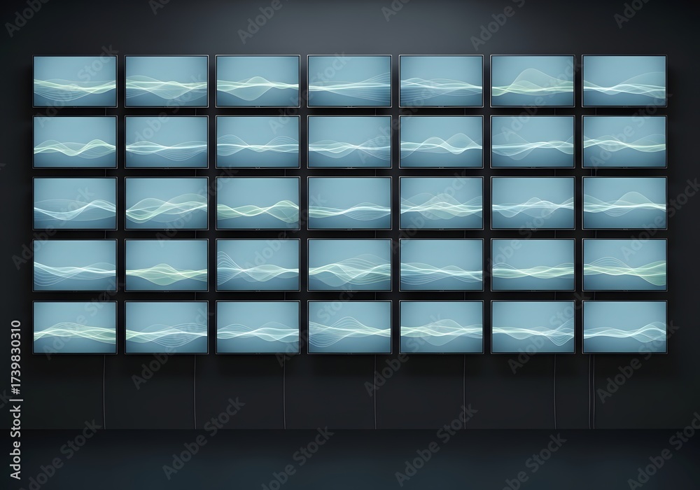 Digital art installation of abstract wave patterns on multiple screens ...