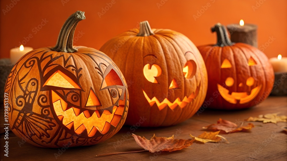 Generates AI Jack O Lanterns on an orange background Stock Photo ...