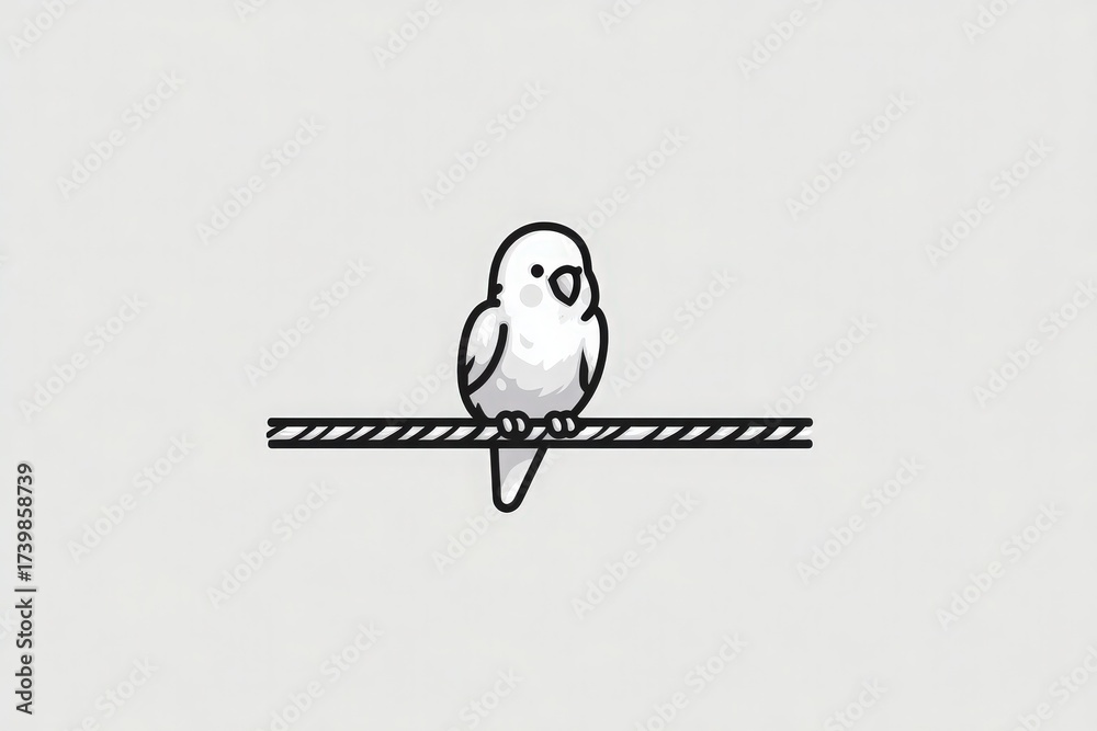 A budgerigar sits calmly on a thin wire, showcasing its small size and gentle features.