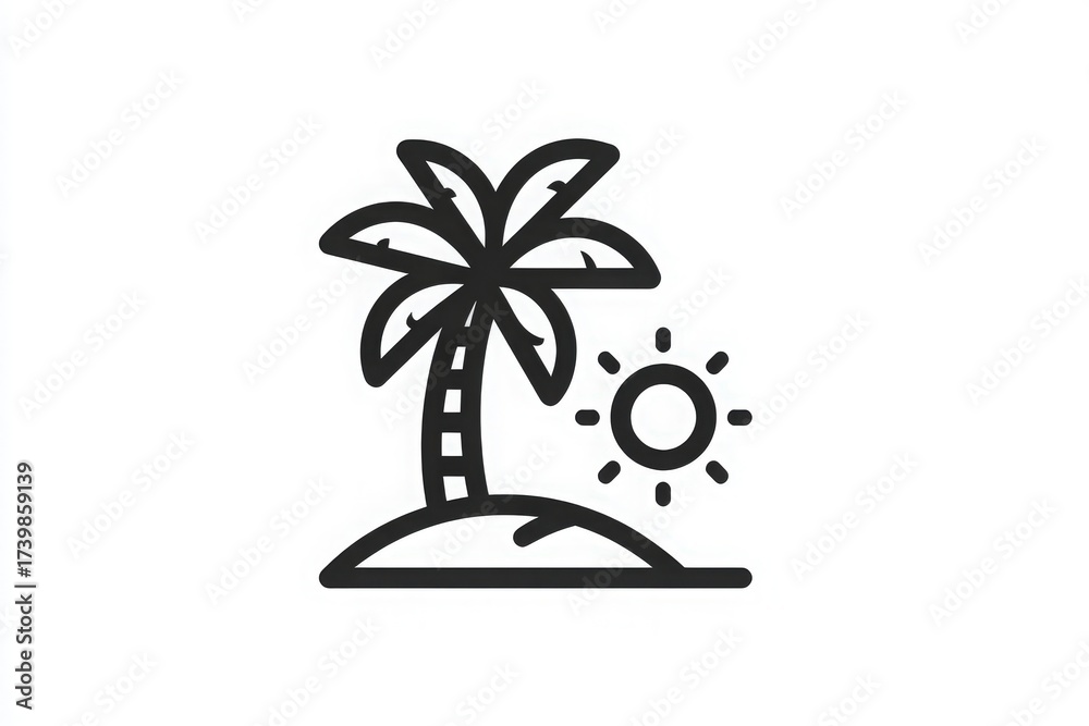 A palm tree stands tall in a sunny setting, surrounded by a sandy beach. The sun shines brightly, creating a cheerful atmosphere typical of tropical paradise.
