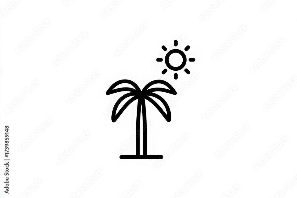 A simple design features a palm tree standing tall with a bright sun shining in the corner. The clear outline presents a cheerful summer vibe, evoking feelings of relaxation and warmth.
