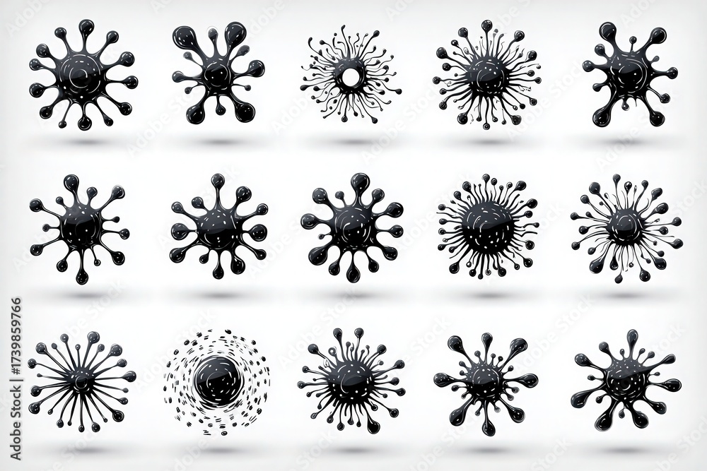 Various abstract virus shapes are displayed using black and white colors. The designs feature different patterns and sizes, showcasing the fluidity and movement typical of microorganisms.