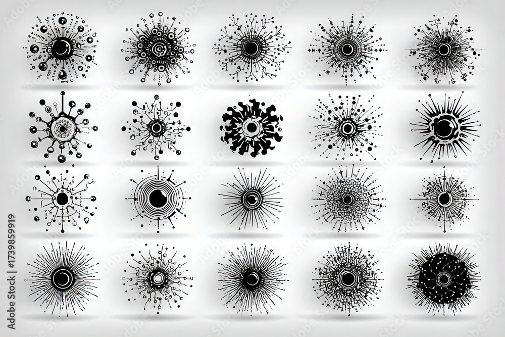 Various abstract designs showcase intricate circular patterns with radial lines and dots in black and white. The arrangement highlights creativity and symmetrical beauty.