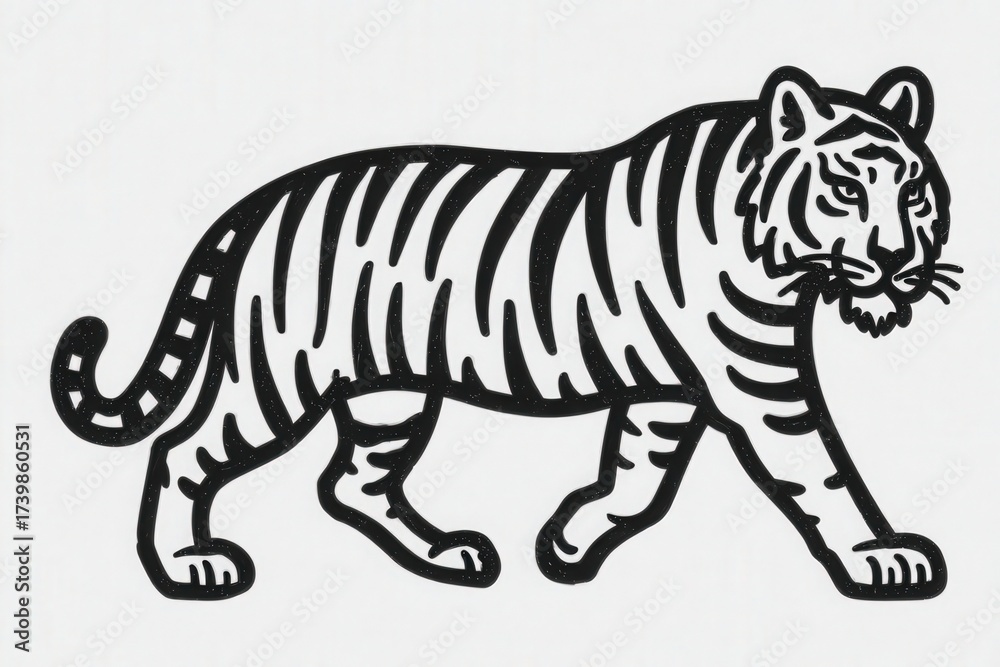 This artwork depicts a white tiger in mid-stride, highlighting its unique stripes and muscular form. The illustration captures the essence of this majestic animal in a minimalist style.
