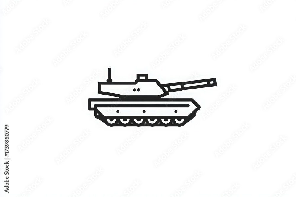 A simple black outline drawing of a tank features a pointed gun and tracks. The tank is designed with smooth lines and minimal detail, showcasing its military purpose without extra elements.