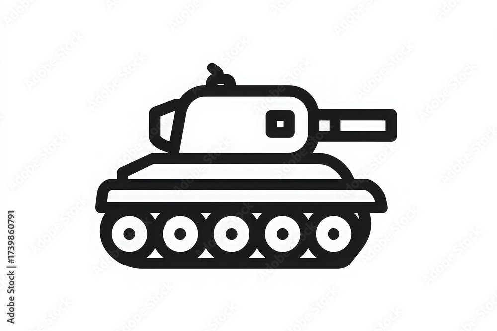 A tank is illustrated with bold lines and minimal detail. It features a turret and tracks, emphasizing its military design. The image showcases the iconic shape and structure of a tank.
