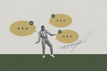 collage with person surrounded by message bubbles symbolizing chatting communication online interact