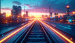 © Monmeo - Urban Journey: A visually stunning image captures the energy of urban transport, with train tracks leading towards a city skyline under a dynamic twilight sky.