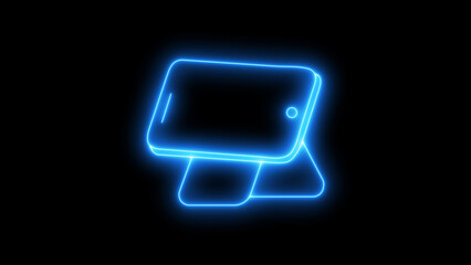 glowing blue neon outline of a tablet computer on a stand device shown isolated on black background for digital technology and media concepts