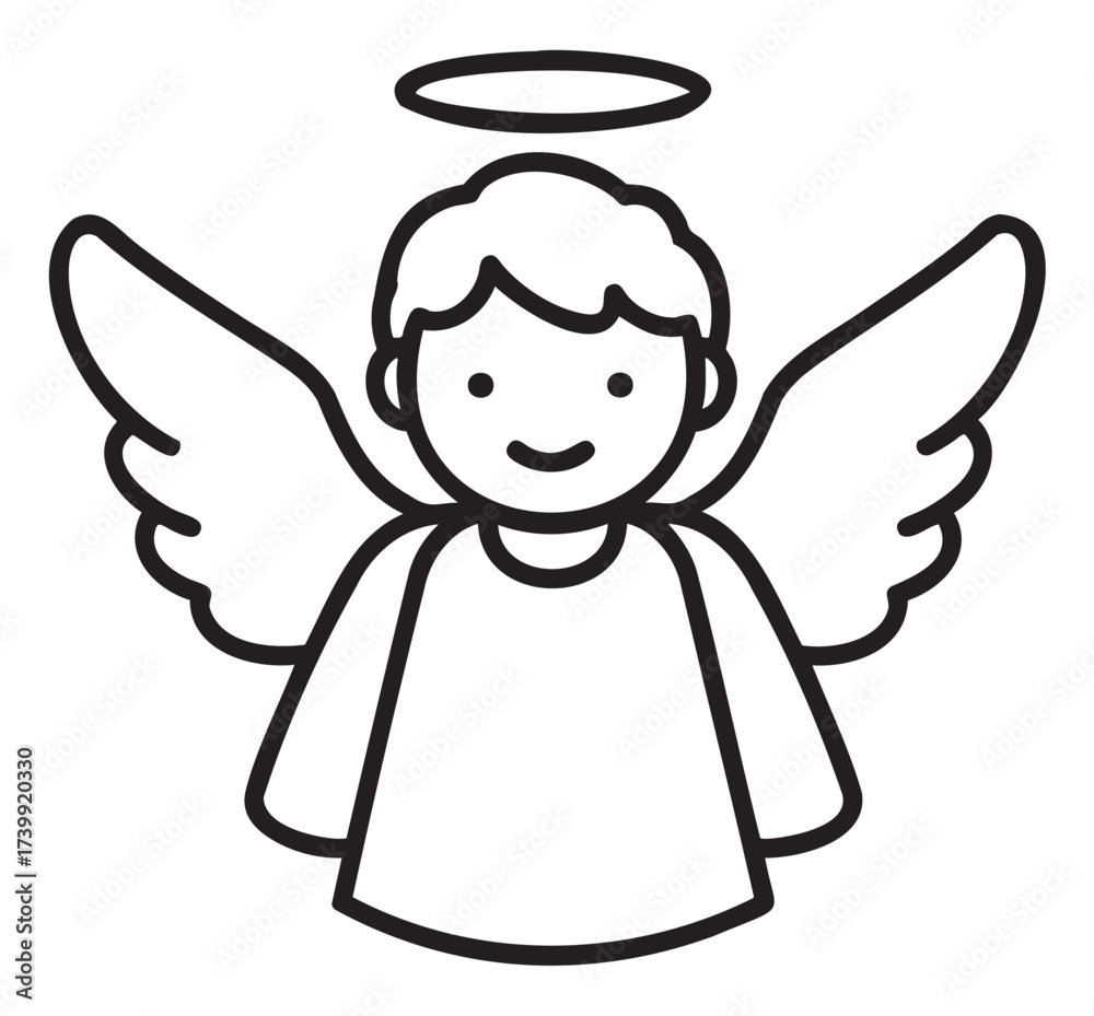 Black outline vector icon of an angelic figure with a halo and wings ...