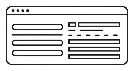 Black outline vector icon of a simple web browser interface with multiple horizontal lines and buttons. minimal linear illustration for design and web development concepts.