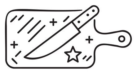 Black outline icon of a large kitchen knife resting on a cutting board with decorative stars and lines.