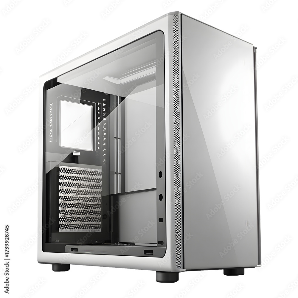 Silver computer case with transparent side panel isolated on ...