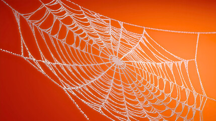 A beautiful and spooky spider web with dew drops, a delicate and intricate Halloween decoration on an orange background, a concept of nature, autumn, and a spooky holiday.