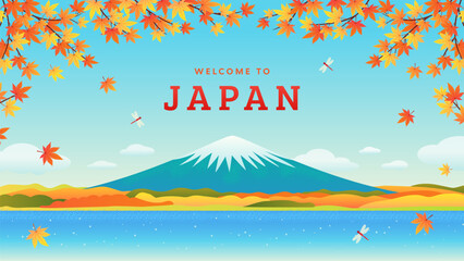 Wall Mural - Welcome to Japan background vector illustration. Beautiful Autumn landscape of Mount Fuji and Lake