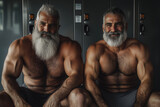 Very attractive bearded senior men standing shirtless at the gym changing room 