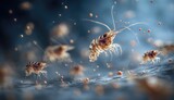 Microscopic view of small, translucent crustaceans with fine legs and antenna, suspended in water