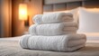 © Eve - Fresh white towels stacked on bed in cozy hotel room with warm lighting. Concept of hospitality, luxury service, cleanliness, comfort, hygiene, and professional accommodation.