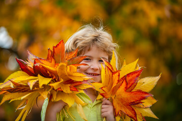 Wall Mural - Autumn kid portrait in fall leaf park. Cute child face in autumn outdoors with happy expression. Kid enjoying autumn day with yellow maple and oak leaves. Autumn season for kids fun and emotions.