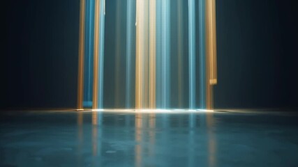Wall Mural - Abstract light beams in blue and gold illuminating a reflective surface.