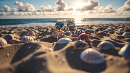 Wall Mural - Seashells scattered on a sandy beach with the ocean in the background at sunset.