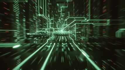 Wall Mural - Abstract green digital circuit board with glowing lines and blurred motion.