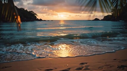 Wall Mural - Sunset over a tropical beach with gentle waves and palm fronds.