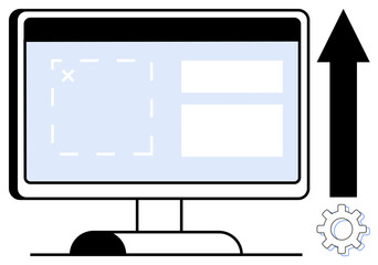 Computer screen displaying interface elements, upward arrow symbolizing growth, settings gear signifying optimization. Ideal for business progress, web design, tech innovation, software development
