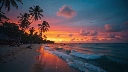 Wall Mural - Tropical beach sunset with palm trees and colorful sky.