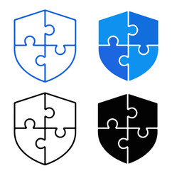 Puzzle Shield Icon Set – Interlocking Pieces in Blue and Black for Security, Integration, and Team Collaboration Concepts