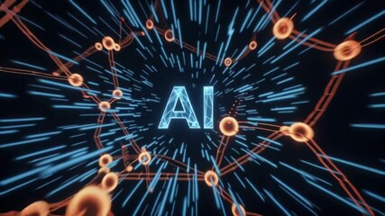 Wall Mural - AI text with blue lines and orange circles in a dark background.
