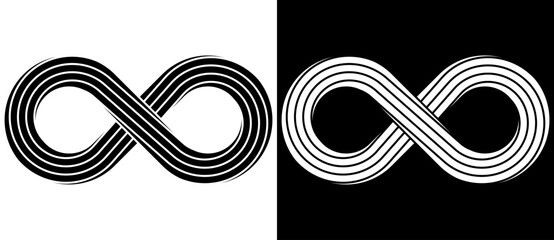 Wall Mural - Spiral with lines as abstract infinity symbol. Black shape on a white background and the same white shape on the black side.