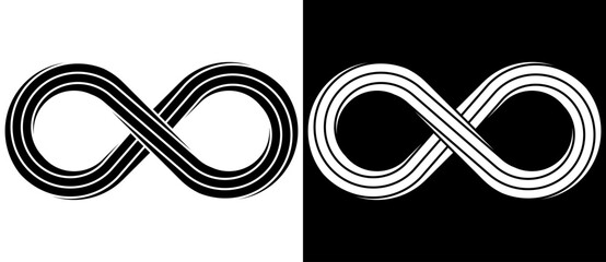 Wall Mural - Spiral with lines as abstract infinity symbol. Black shape on a white background and the same white shape on the black side.