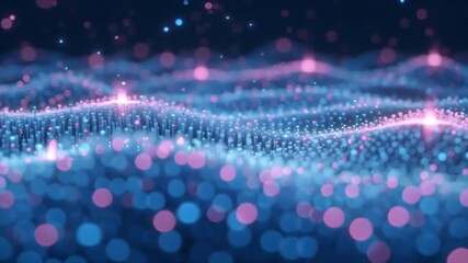 Wall Mural - Abstract blue and pink digital wave background with glowing particles.