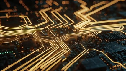 Wall Mural - Close-up of a circuit board with glowing traces, showcasing technology and connectivity.