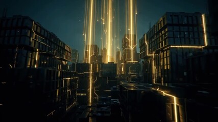 Wall Mural - Futuristic city with glowing lines and dark buildings, creating a sense of technological advancement.