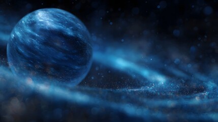 Wall Mural - A detailed luminous blue planet with intricate glowing cosmic rings and particles set against the vast expanse of deep space