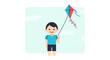 © Pulupulu - A cheerful cartoon illustration of a young boy happily flying a colorful kite on a bright, sunny day with a simple, minimalist design and a soft, pastel background.