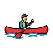 © Rapupi - Cartoon illustration of a person paddling a red canoe on blue water, wearing a yellow life vest.