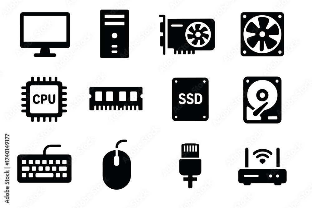 Computer Symples Computer hardware and PC components icon set. Vector black symbols of ...