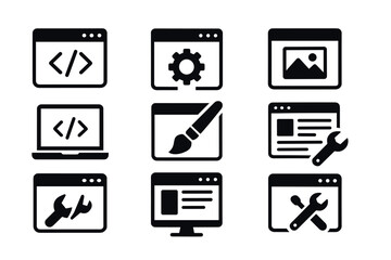 Web development and design icon set. Vector black symbols of coding and website creation