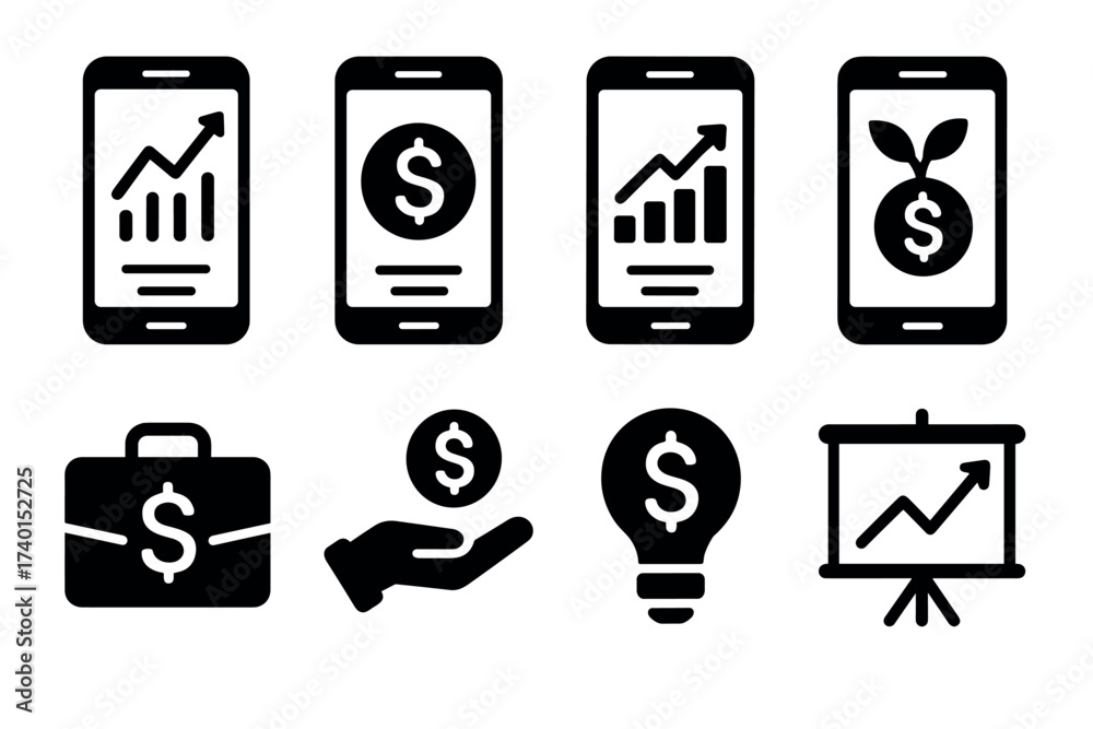Mobile investment and fintech icon set. Vector black symbols of online ...