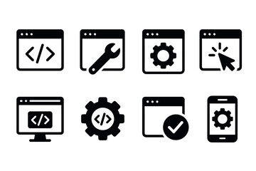 Web development and coding icon set. Vector black symbols of website programming and maintenance