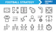 © R Hasan - Editable stroke soccer icons pack showing tactics, players, and training tools