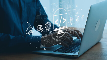 Modern web development concept featuring coding symbols, web development process, web development interface, and web development tools with futuristic design. Elide