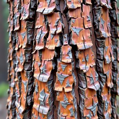 Wall Mural - Close-up of reddish-brown ponderosa pine bark, showcasing its characteristic plate-like texture and deep fissures, wildlife, red, plates