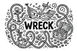 © VideoHub - Shipwreck Treasure Doodle. Doodle shipwreck treasure with ropes, anchors, and gold, center word “Wreck” in black and white